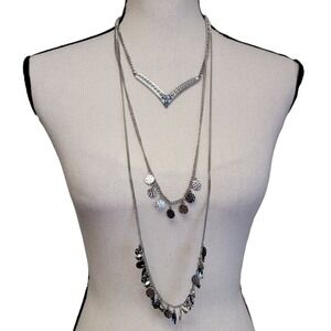 BCBGeneration Triple Strand Statement Necklace 35" Blue Silver Tone Boho Layered